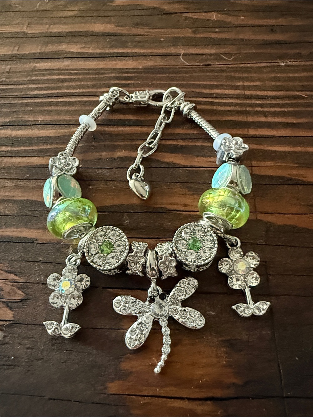 Silver Green Glass & Crystal Dragonfly Charm Bracelet